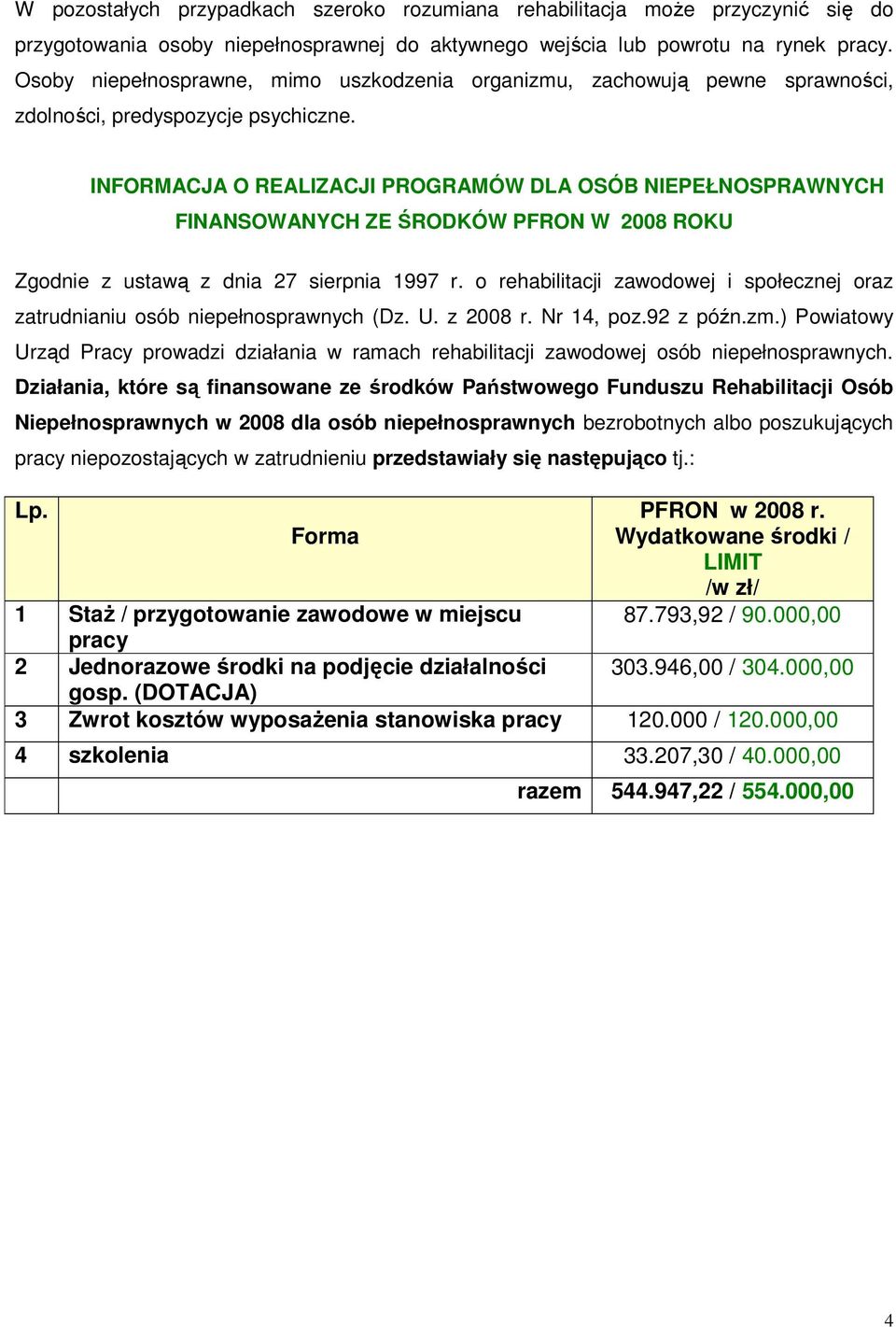 INFORMACJA O REALIZACJI PROGRAMÓW DLA OSÓB NIEPEŁNOSPRAWNYCH FINANSOWANYCH ZE ŚRODKÓW PFRON W 2008 ROKU Zgodnie z ustawą z dnia 27 sierpnia 1997 r.