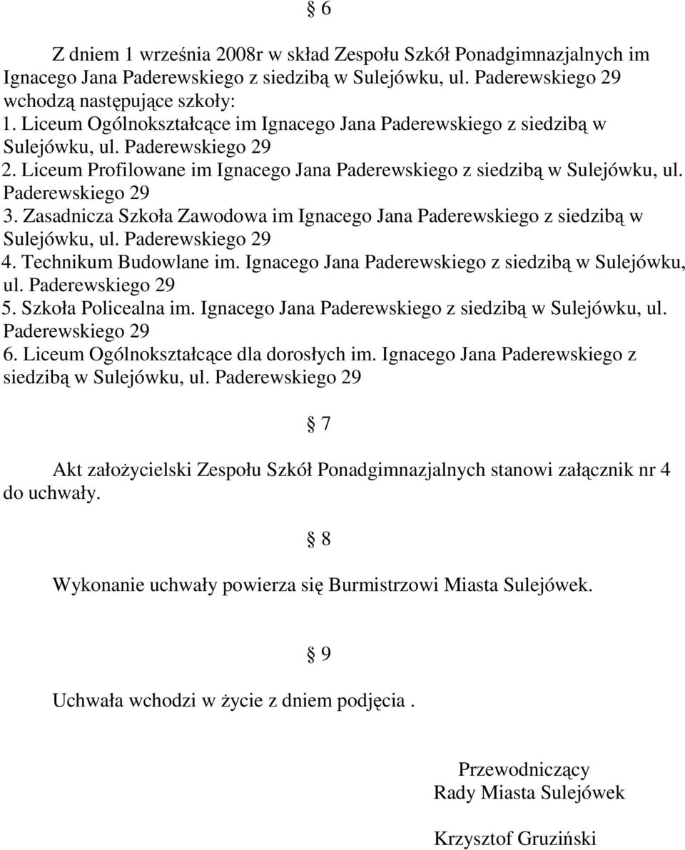 Zasadnicza Szkoła Zawodowa im Ignacego Jana Paderewskiego z siedzibą w Sulejówku, 4. Technikum Budowlane im. Ignacego Jana Paderewskiego z siedzibą w Sulejówku, 5. Szkoła Policealna im.