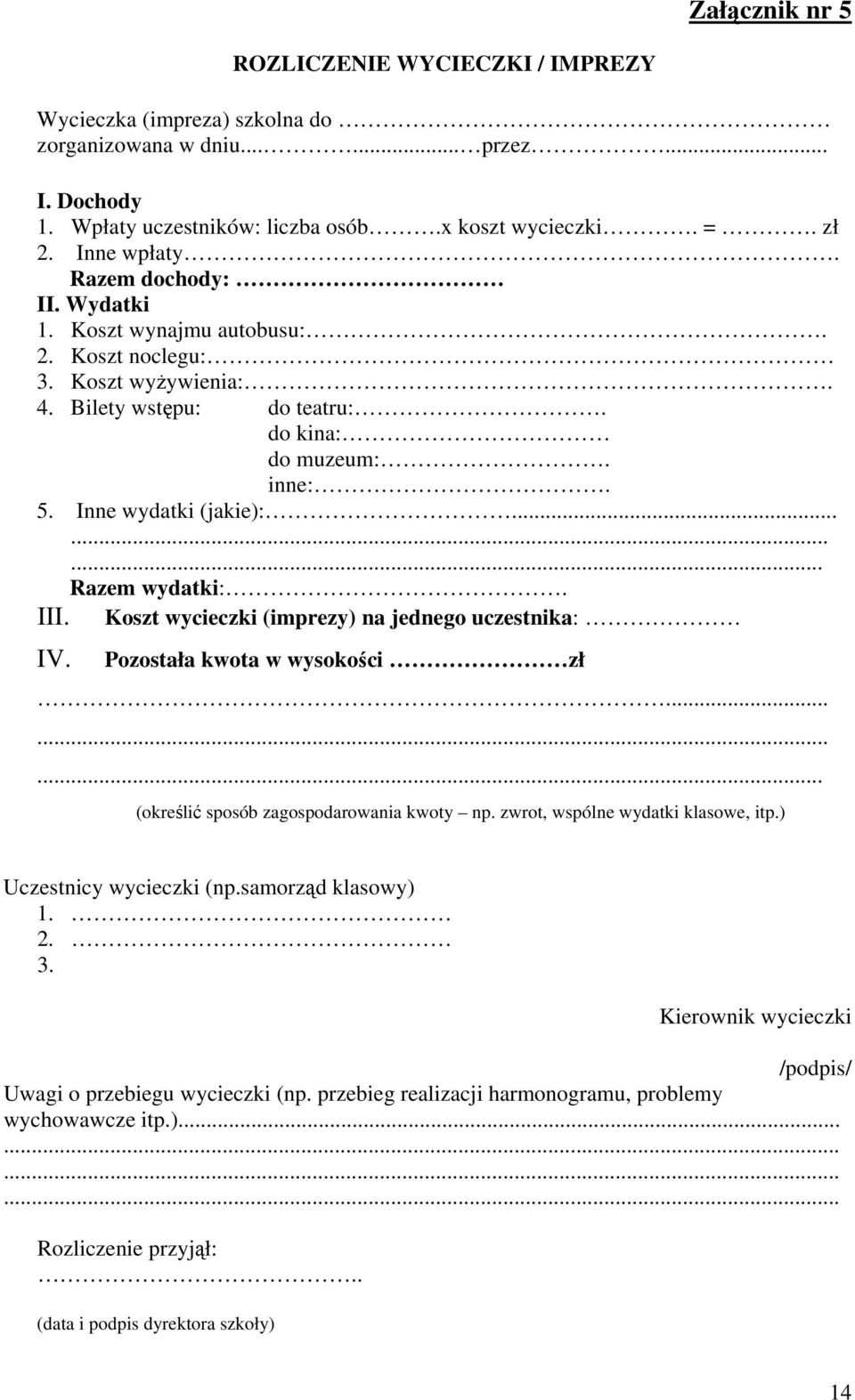 III. Koszt (imprezy) na jednego uczestnika: IV. Pozostała kwota w wysokości zł......... (określić sposób zagospodarowania kwoty np. zwrot, wspólne wydatki klasowe, itp.) Uczestnicy (np.