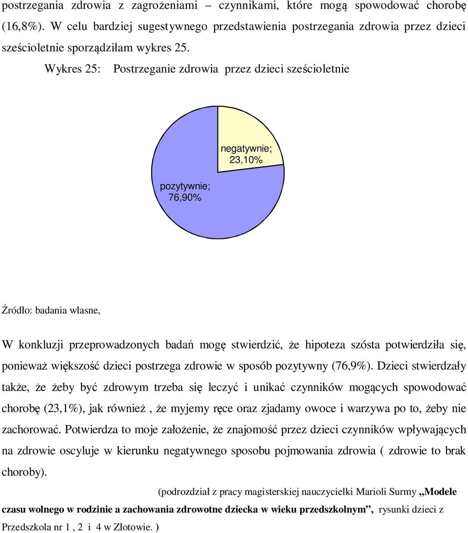 Wykres 25: Postrzeganie zdrowia przez dzieci sześcioletnie pozytywnie; 76,90% negatywnie; 23,10% Źródło: badania własne, W konkluzji przeprowadzonych badań mogę stwierdzić, że hipoteza szósta