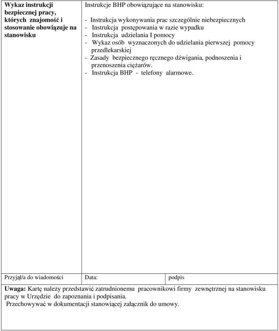przedlekarskiej - Zasady bezpiecznego ręcznego dźwigania, podnoszenia i przenoszenia ciężarów. - Instrukcja BHP - telefony alarmowe.