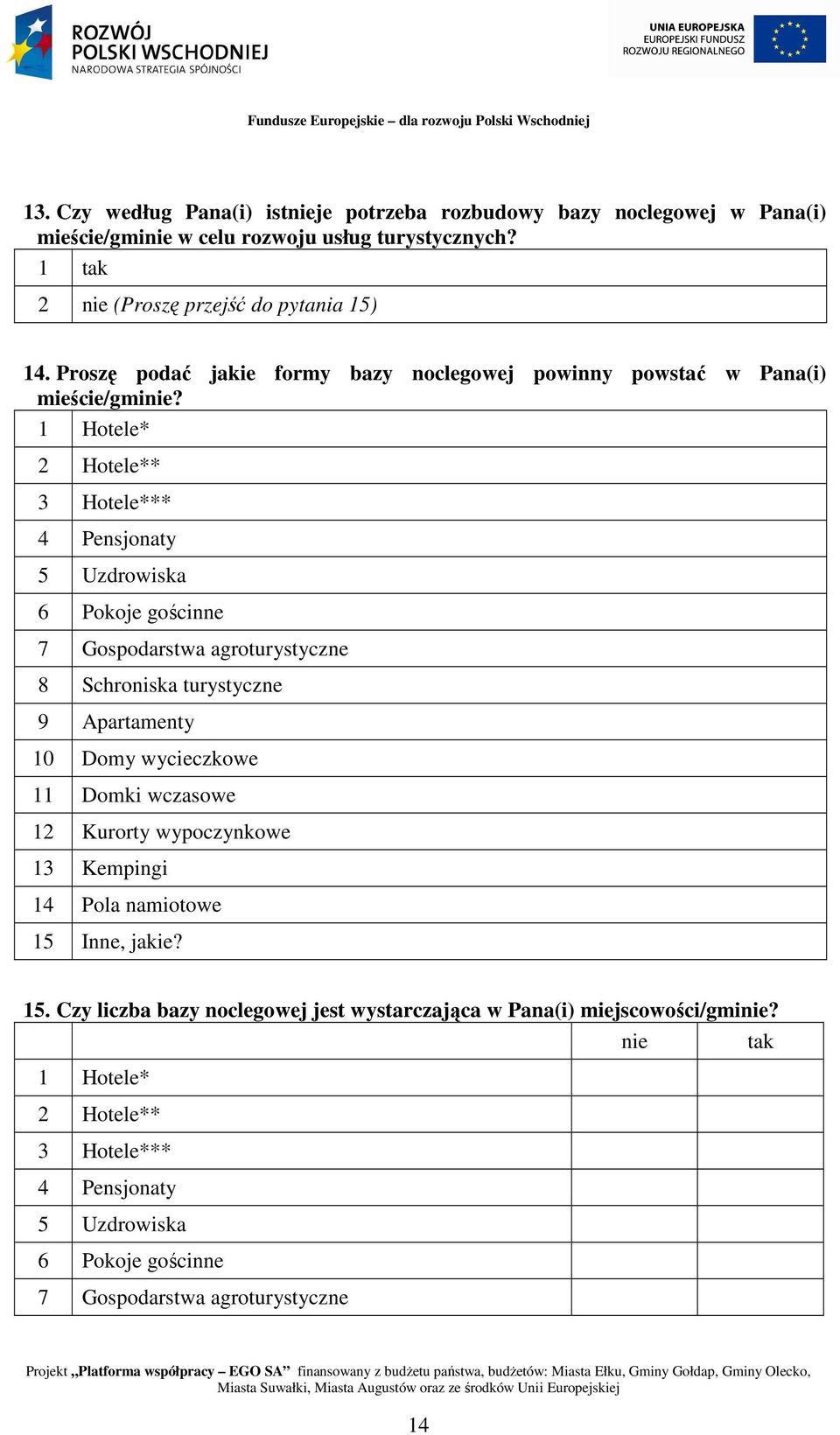 1 Hotele* 2 Hotele** 3 Hotele*** 4 Pensjonaty 5 Uzdrowiska 6 Pokoje gościnne 7 Gospodarstwa agroturystyczne 8 Schroniska turystyczne 9 Apartamenty 10 Domy wycieczkowe 11 Domki wczasowe 12