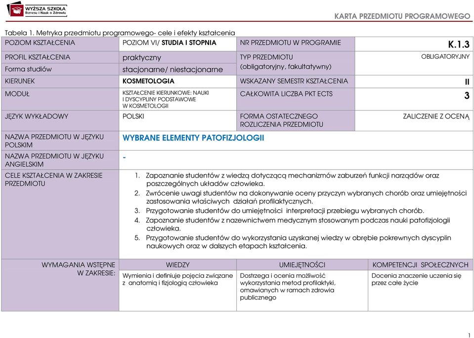 KSZTAŁCENIE KIERUNKOWE: NAUKI I DYSCYPLINY PODSTAWOWE W KOSMETOLOGII CAŁKOWITA LICZBA PKT ECTS 3 JĘZYK WYKŁADOWY POLSKI FORMA OSTATECZNEGO ROZLICZENIA PRZEDMIOTU ZALICZENIE Z OCENĄ NAZWA PRZEDMIOTU W