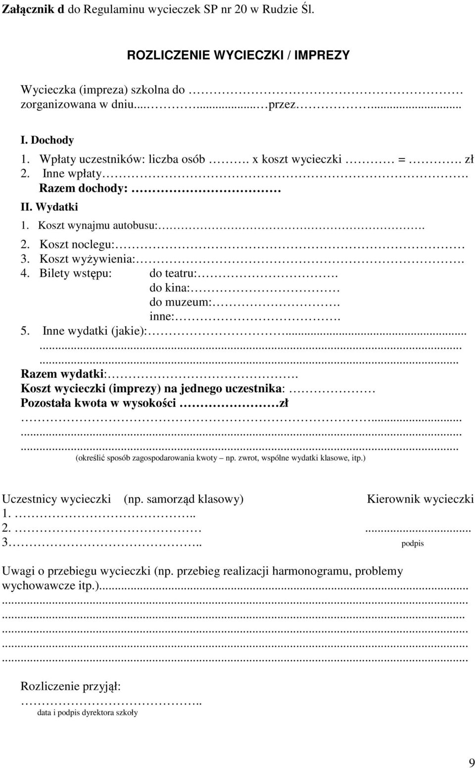 do kina: do muzeum:. inne:. 5. Inne wydatki (jakie):......... Razem wydatki:. Koszt wycieczki (imprezy) na jednego uczestnika: Pozostała kwota w wysokości zł.