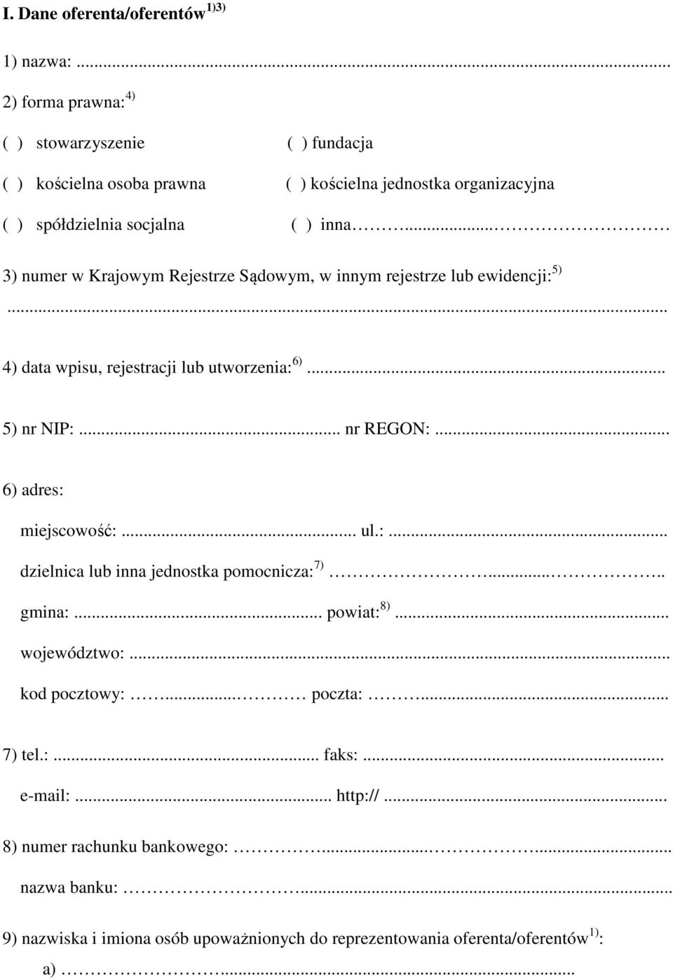 .. 3) numer w Krajowym Rejestrze Sądowym, w innym rejestrze lub ewidencji: 5)... 4) data wpisu, rejestracji lub utworzenia: 6)... 5) nr NIP:... nr REGON:.