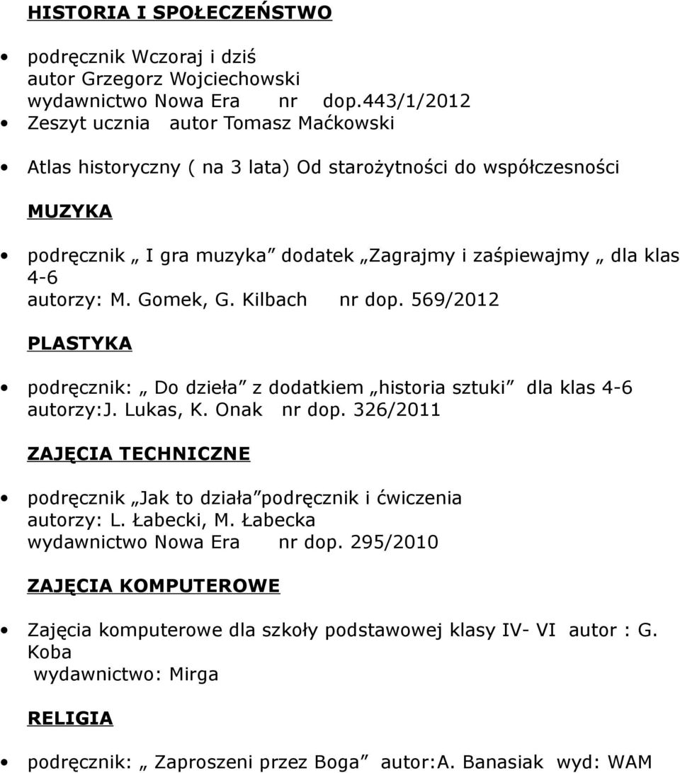 autorzy: M. Gomek, G. Kilbach nr dop. 569/2012 PLASTYKA podręcznik: Do dzieła z dodatkiem historia sztuki dla klas 4-6 autorzy:j. Lukas, K. Onak nr dop.