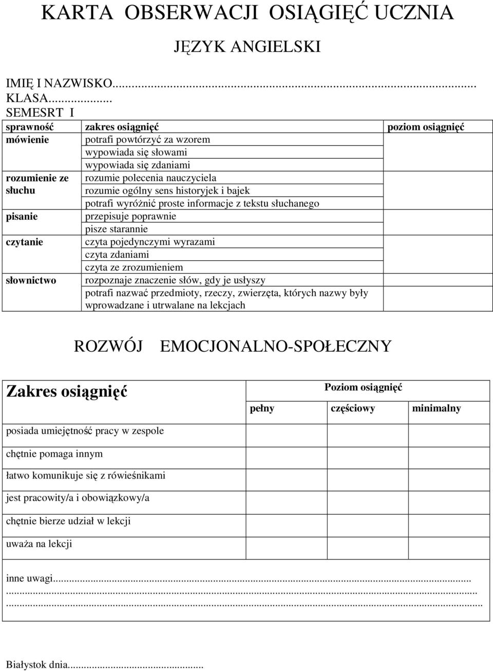 ogólny sens historyjek i bajek pisanie czytanie słownictwo potrafi wyróŝnić proste informacje z tekstu słuchanego przepisuje poprawnie pisze starannie czyta pojedynczymi wyrazami czyta zdaniami czyta