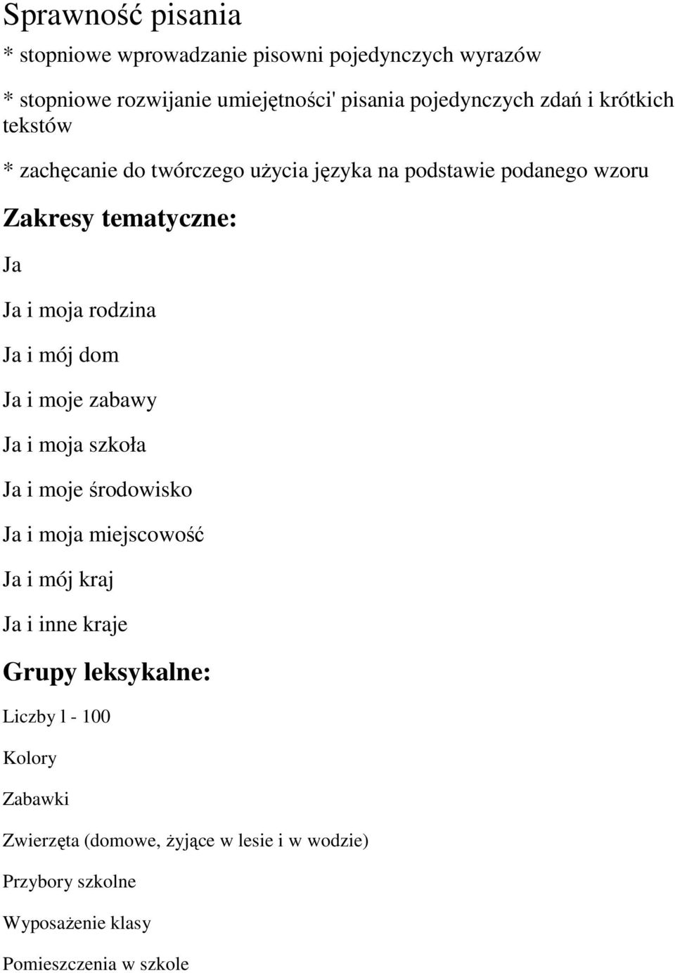 Ja i mój dom Ja i moje zabawy Ja i moja szkoła Ja i moje środowisko Ja i moja miejscowość Ja i mój kraj Ja i inne kraje Grupy