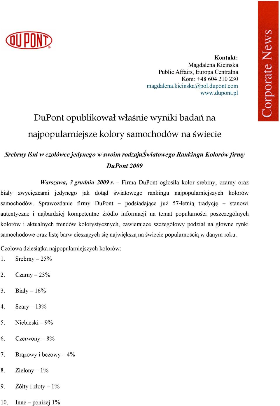 pl DuPont opublikował właśnie wyniki badań na najpopularniejsze kolory samochodów na świecie Srebrny lśni w czołówce jedynego w swoim rodzajuświatowego Rankingu Kolorów firmy DuPont 2009 Warszawa, 3