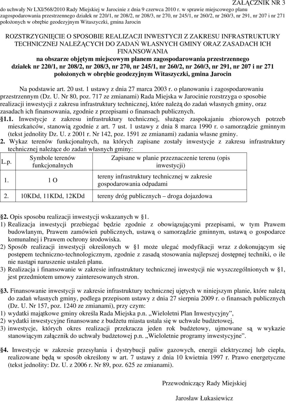 INWESTYCJI Z ZAKRESU INFRASTRUKTURY TECHNICZNEJ NALEŻĄCYCH DO ZADAŃ WŁASNYCH GMINY ORAZ ZASADACH ICH FINANSOWANIA na obszarze objętym miejscowym planem zagospodarowania przestrzennego działek nr