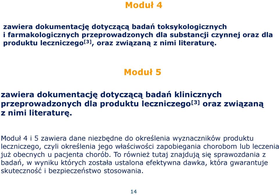 Moduł 4 i 5 zawiera dane niezbędne do określenia wyznaczników produktu leczniczego, czyli określenia jego właściwości zapobiegania chorobom lub leczenia już obecnych u