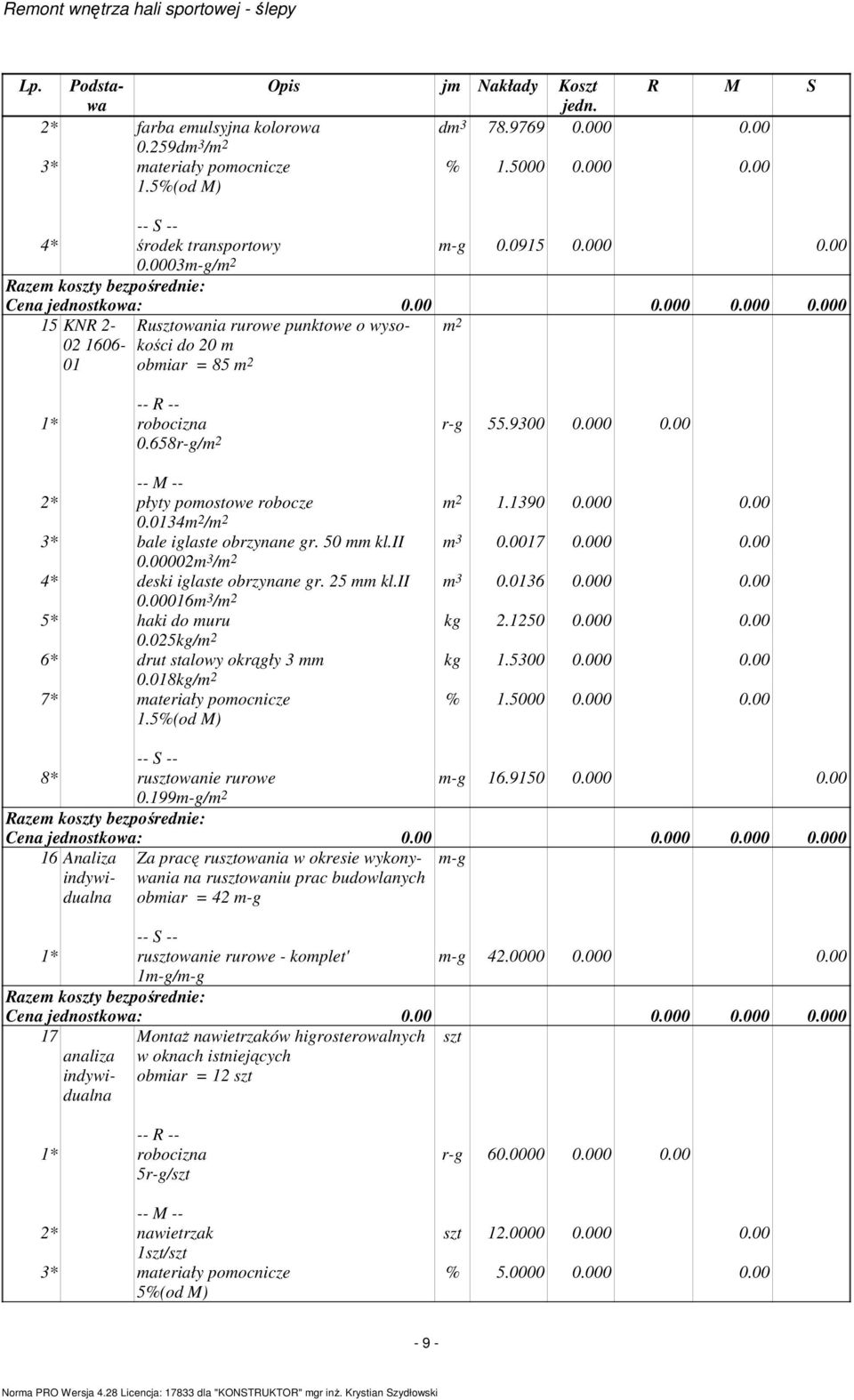 000 0.00 kg 1.5300 0.000 0.00 2* płyty pomostowe robocze 0.0134 / 3* bale iglaste obrzynane gr. 50 mm kl.ii 0.00002m 3 / 4* deski iglaste obrzynane gr. 25 mm kl.ii 0.00016m 3 / 5* haki do muru 0.