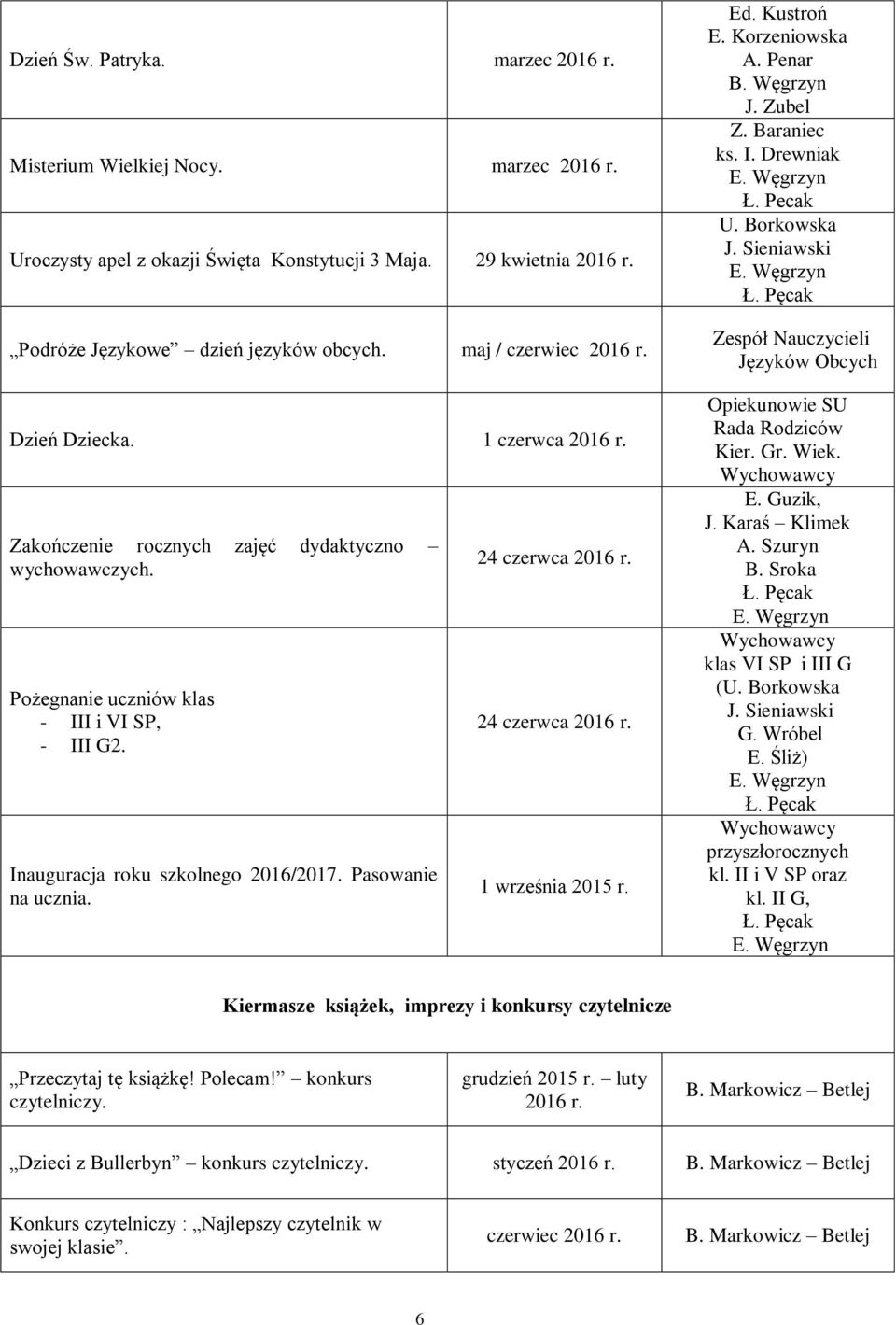 24 czerwca 24 czerwca 1 września 2015 r. Ed. Kustroń E. Korzeniowska A. Penar B. Węgrzyn J. Zubel Z. Baraniec ks. I. Drewniak Ł. Pecak U. Borkowska J.