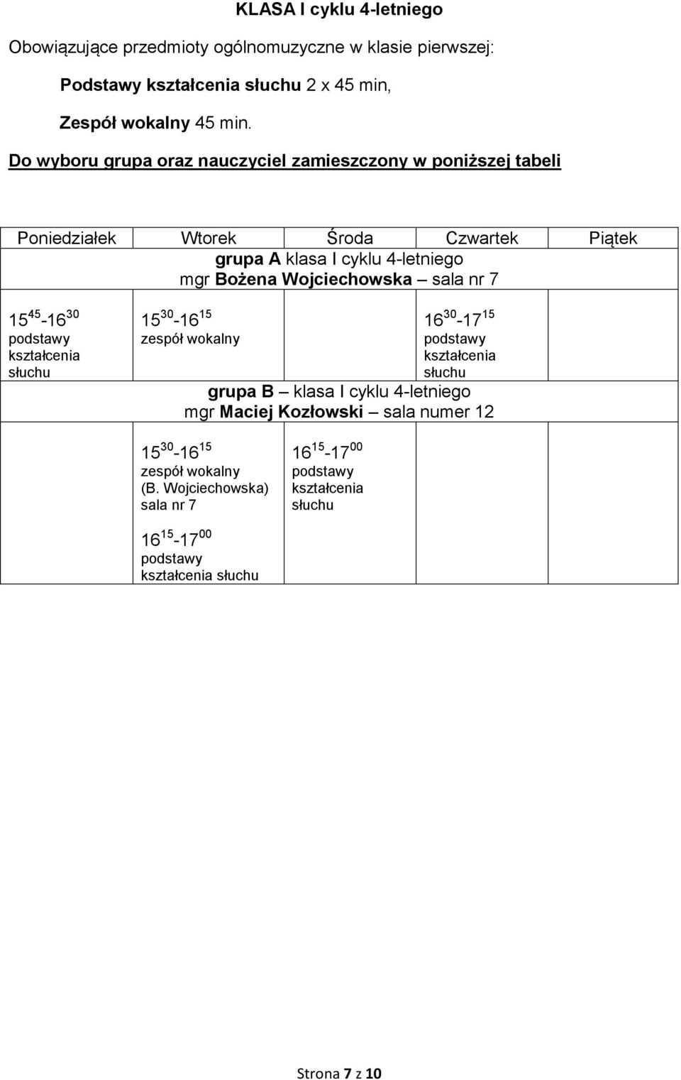 grupa A klasa I cyklu 4-letniego mgr Bożena Wojciechowska sala nr 7 15 45-16 30 podstawy kształcenia 15 30-16 15