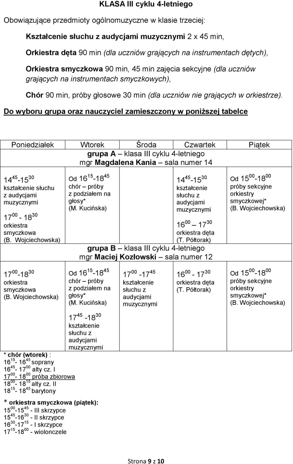 Do wyboru grupa oraz nauczyciel zamieszczony w poniższej tabelce grupa A klasa III cyklu 4-letniego 14 45-15 30 17 00-18 30 Od 16 15-18 45 14 45-15 30 z dęta grupa B klasa III cyklu 4-letniego Od 16