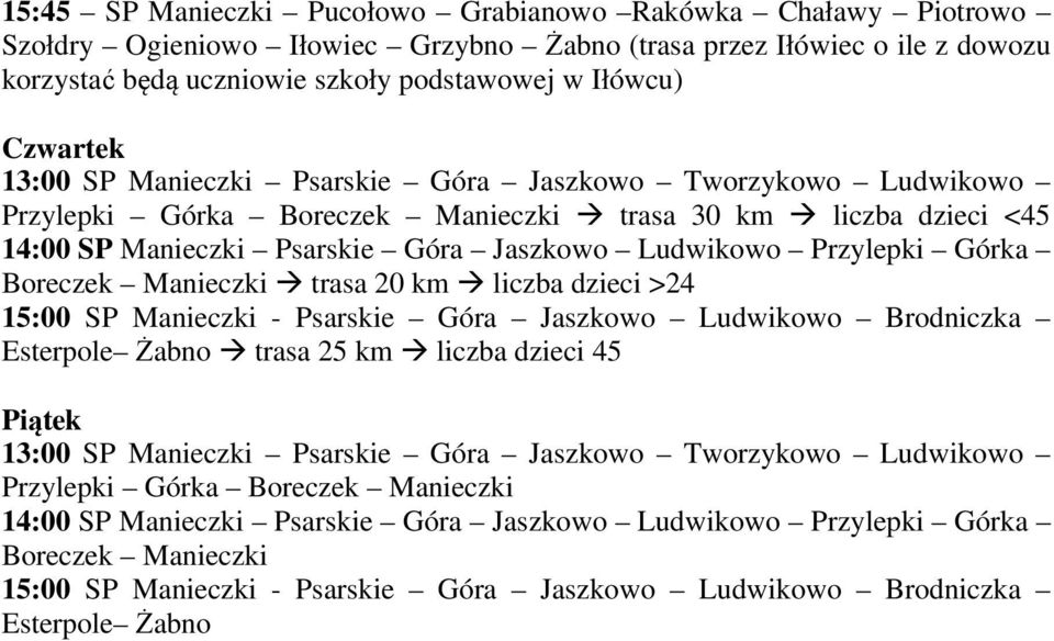 Manieczki trasa 20 km liczba dzieci >24 15:00 SP Manieczki - Psarskie Góra Jaszkowo Ludwikowo Brodniczka Esterpole Żabno trasa 25 km liczba dzieci 45 Piątek Przylepki Górka