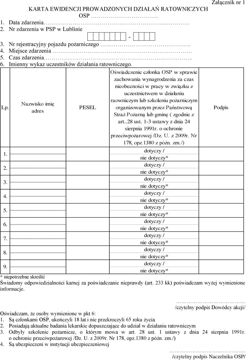 Nazwisko imię adres PESEL Oświadczenie członka OSP w sprawie zachowania wynagrodzenia za czas nieobecności w pracy w związku z uczestnictwem w działaniu raowniczym lub szkoleniu pożarniczym