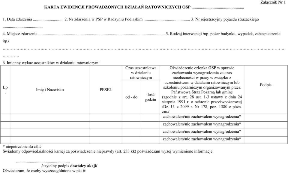 Imię i Nazwisko PESEL Czas uczestnictwa w działaniu ratowniczym od - do ilość godzin Oświadczenie członka OSP w sprawie zachowania wynagrodzenia za czas nieobecności w pracy w związku z uczestnictwem