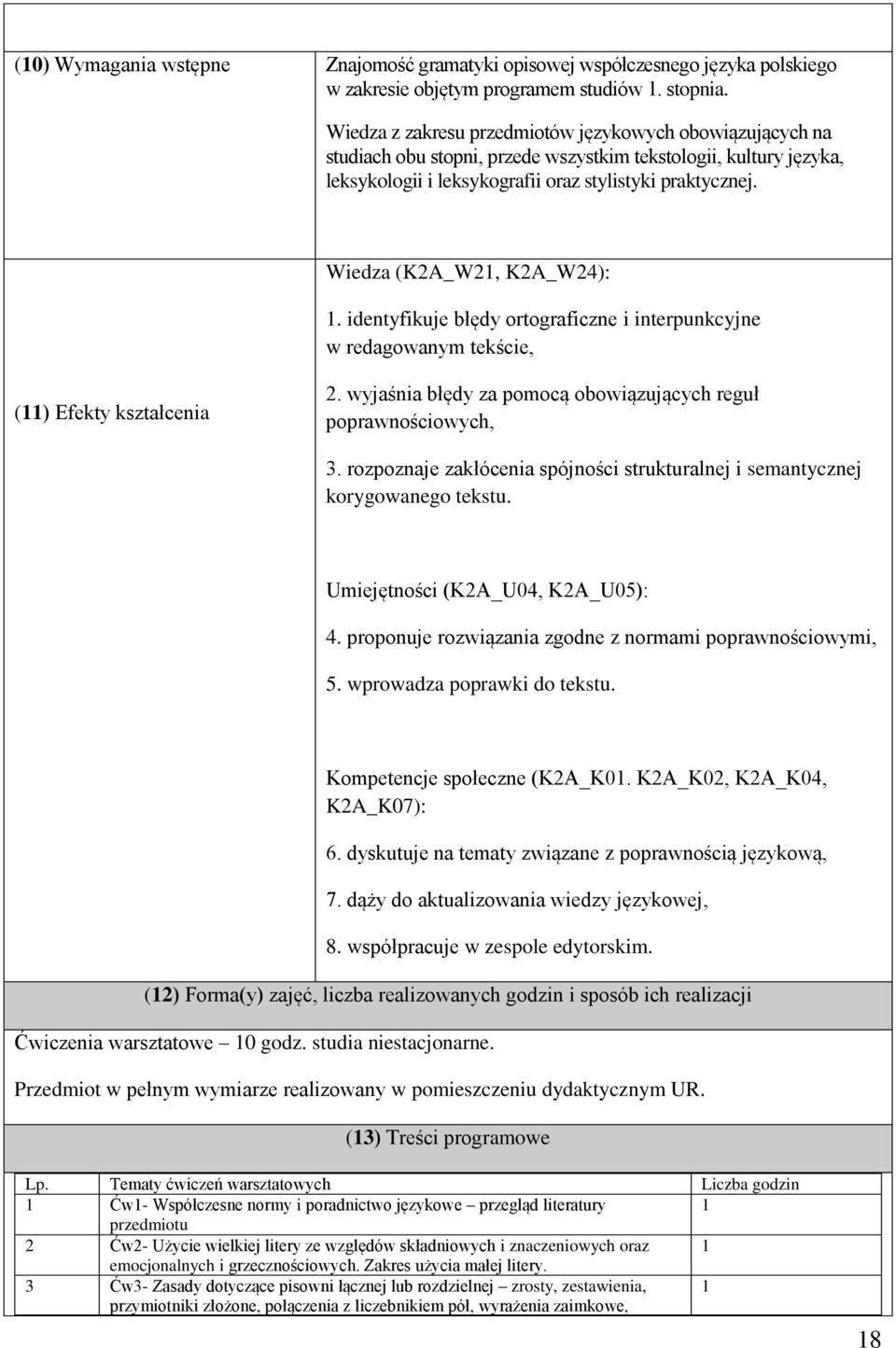 Wiedza (K2A_W2, K2A_W24):. identyfikuje błędy ortograficzne i interpunkcyjne w redagowanym tekście, () Efekty kształcenia 2. wyjaśnia błędy za pomocą obowiązujących reguł poprawnościowych, 3.