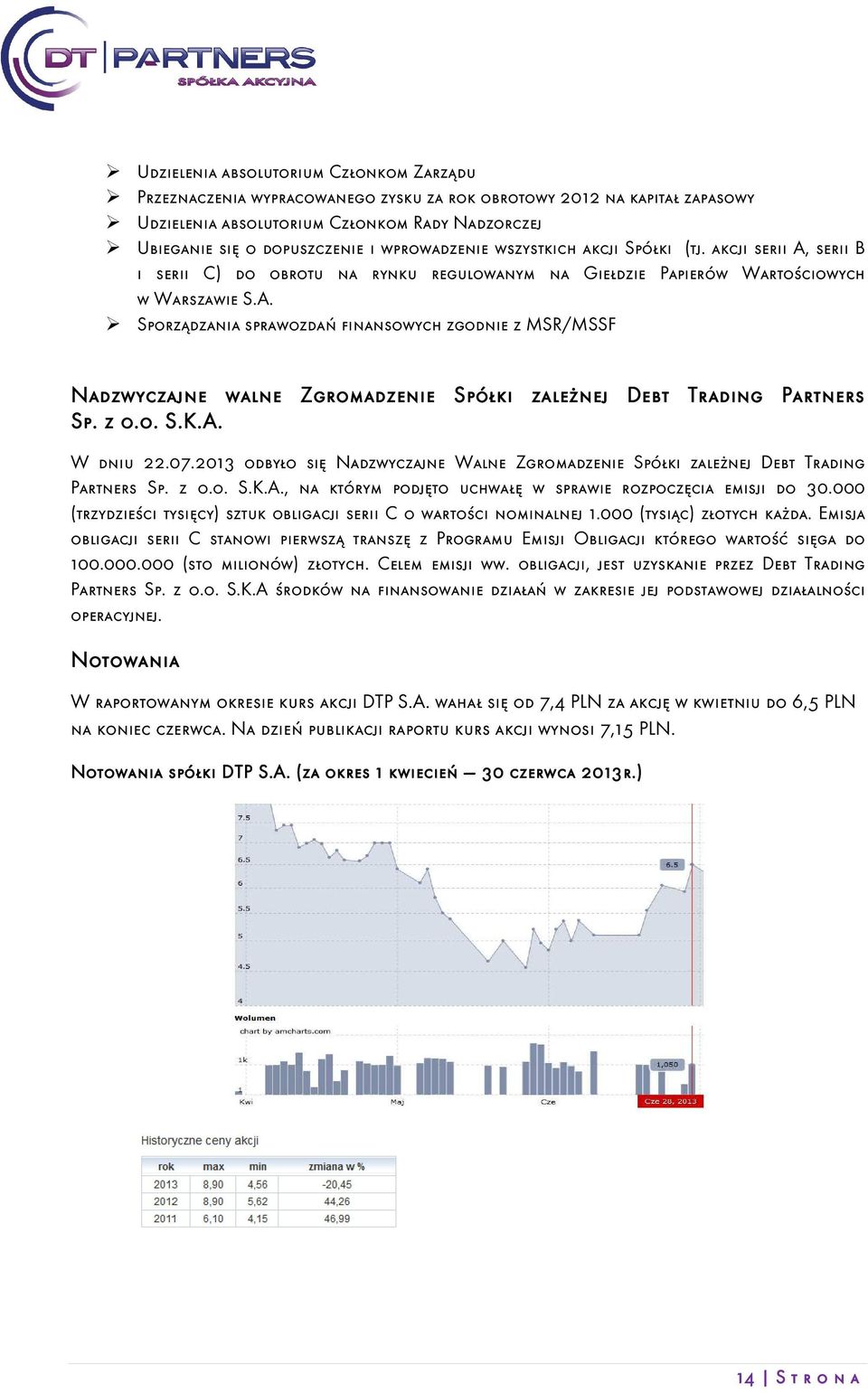 z o.o. S.K.A. W dniu 22.07.2013 odbyło się Nadzwyczajne Walne Zgromadzenie Spółki zależnej Debt Trading Partners Sp. z o.o. S.K.A., na którym podjęto uchwałę w sprawie rozpoczęcia emisji do 30.