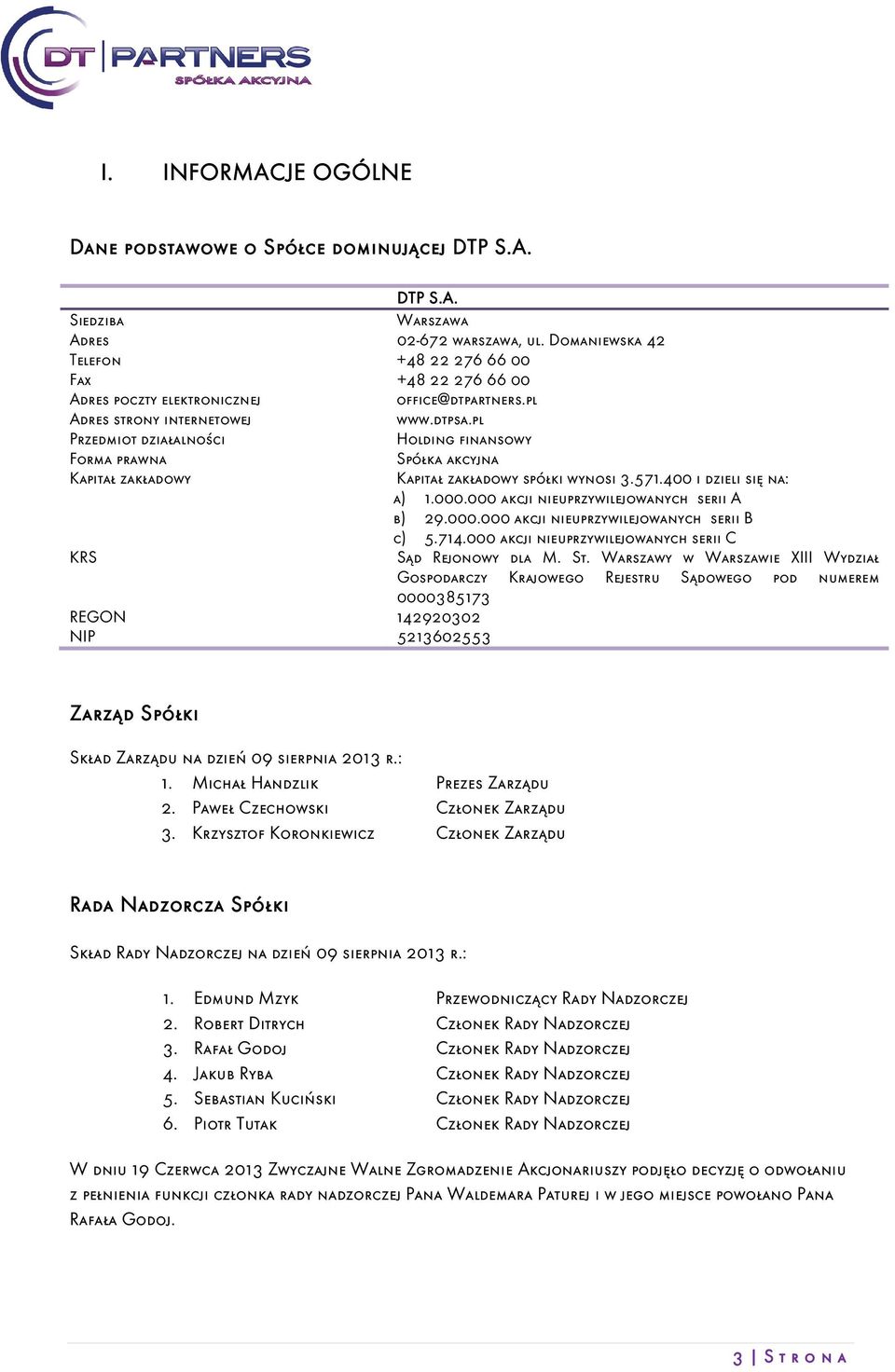 pl Przedmiot działalności Holding finansowy Forma prawna Spółka akcyjna Kapitał zakładowy Kapitał zakładowy spółki wynosi 3.571.400 i dzieli się na: a) 1.000.