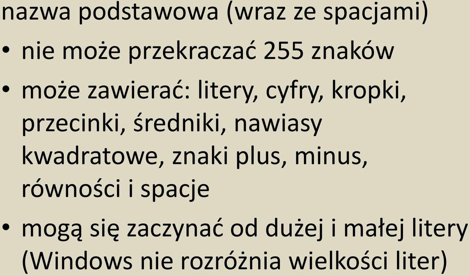 nawiasy kwadratowe, znaki plus, minus, równości i spacje mogą się