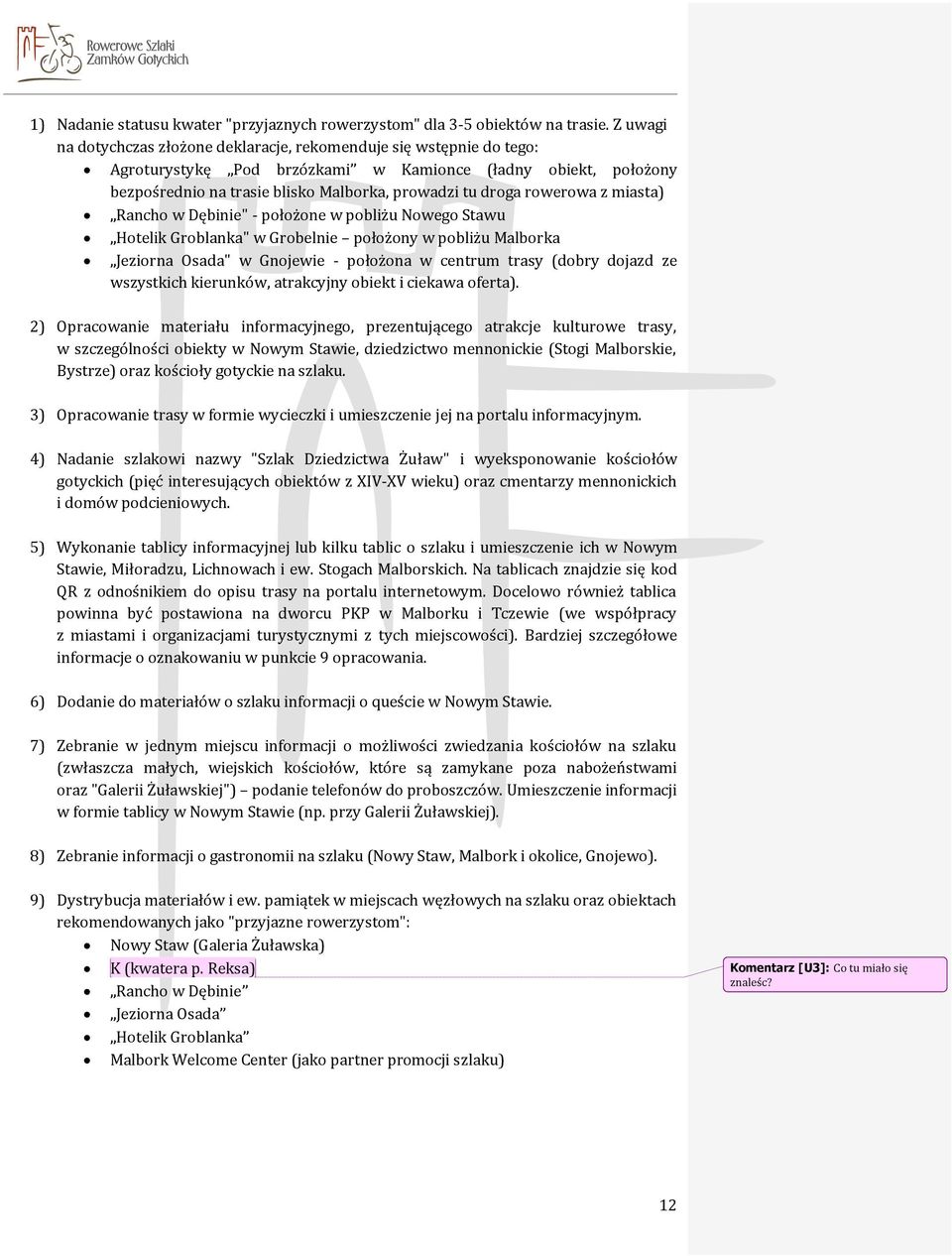 rowerowa z miasta) Rancho w Dębinie" - położone w pobliżu Nowego Stawu Hotelik Groblanka" w Grobelnie położony w pobliżu Malborka Jeziorna Osada" w Gnojewie - położona w centrum trasy (dobry dojazd