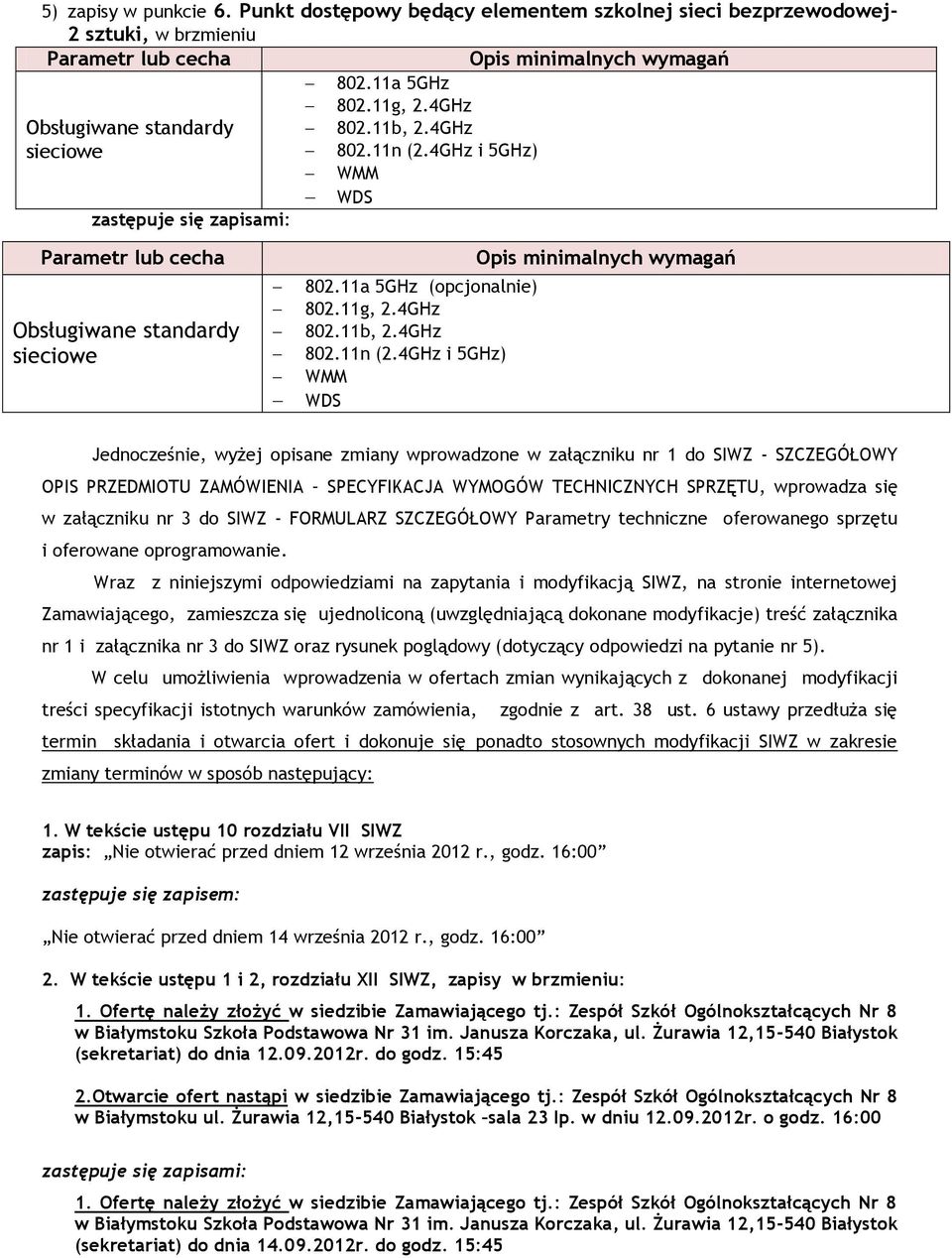 4GHz i 5GHz) WMM WDS Jednocześnie, wyżej opisane zmiany wprowadzone w załączniku nr 1 do SIWZ - SZCZEGÓŁOWY OPIS PRZEDMIOTU ZAMÓWIENIA SPECYFIKACJA WYMOGÓW TECHNICZNYCH SPRZĘTU, wprowadza się w