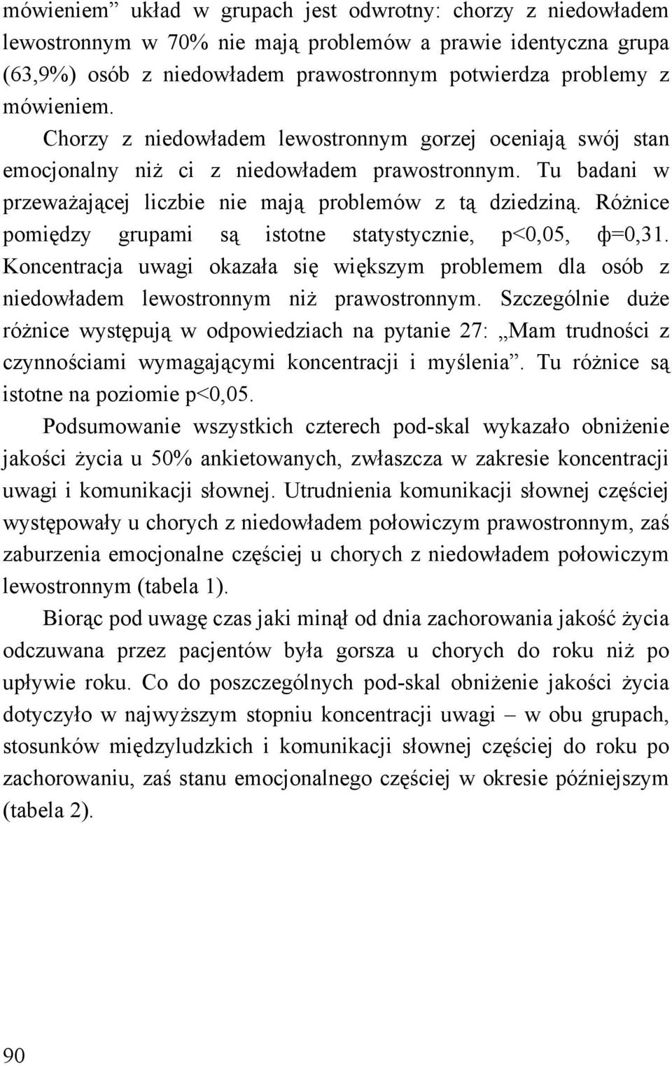 Różnice pomiędzy grupami są istotne statystycznie, p<0,05, ф=0,31. Koncentracja uwagi okazała się większym problemem dla osób z niedowładem lewostronnym niż prawostronnym.