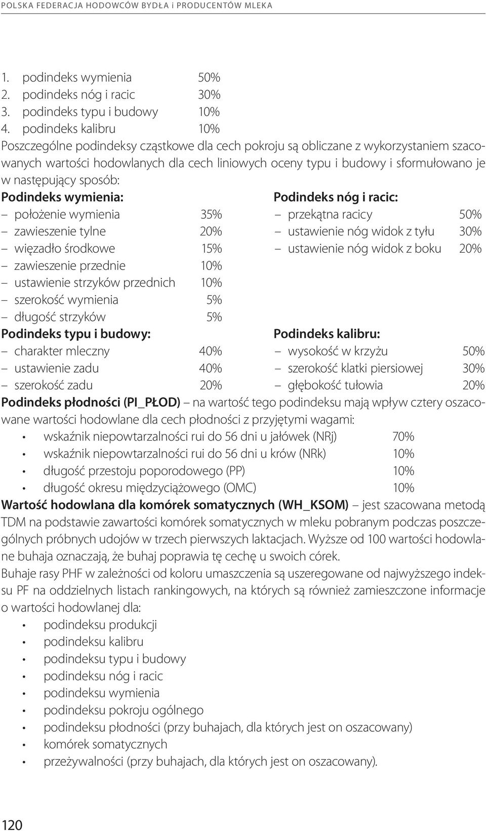 następujący sposób: Podindeks wymienia: Podindeks nóg i racic: położenie wymienia 35% przekątna racicy 50% zawieszenie tylne 20% ustawienie nóg widok z tyłu 30% więzadło środkowe 15% ustawienie nóg