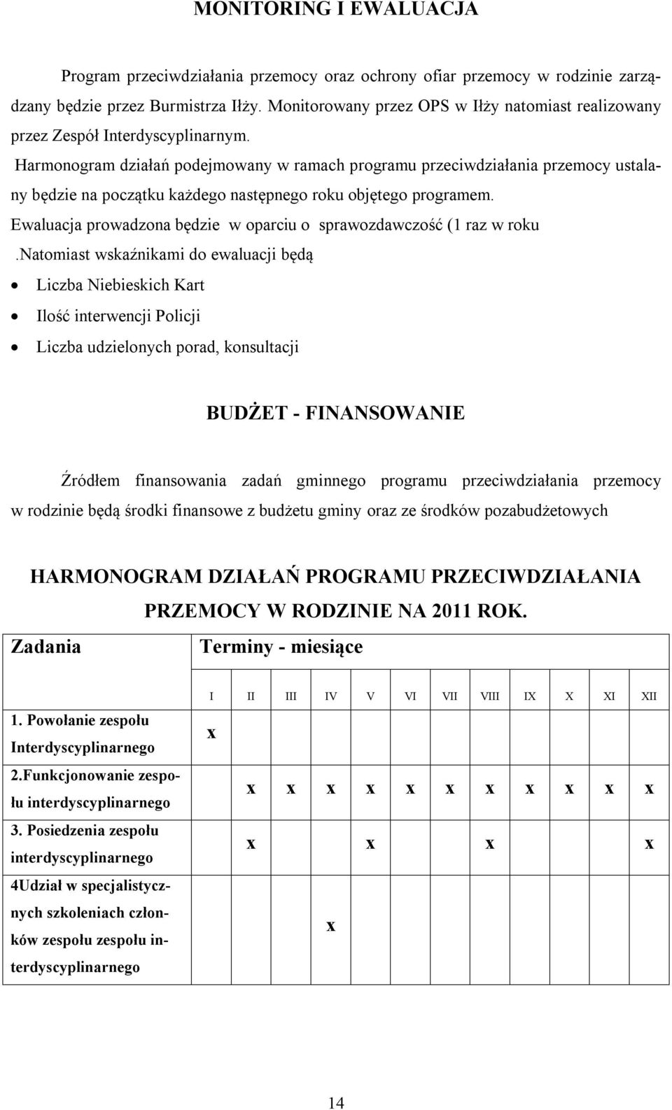 Harmonogram działań podejmowany w ramach programu przeciwdziałania przemocy ustalany będzie na początku każdego następnego roku objętego programem.