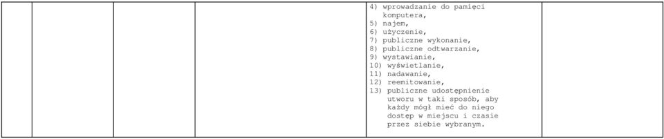 nadawanie, 12) reemitowanie, 13) publiczne udostępnienie utworu w taki