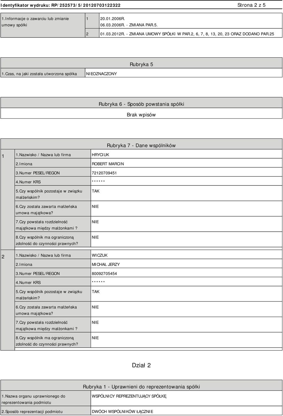 Numer PESEL/REGON 72120709451 4.Numer KRS ****** 5.Czy wspólnik pozostaje w związku małżeńskim? 6.Czy została zawarta małżeńska umowa majątkowa? 7.Czy powstała rozdzielność majątkowa między małżonkami?