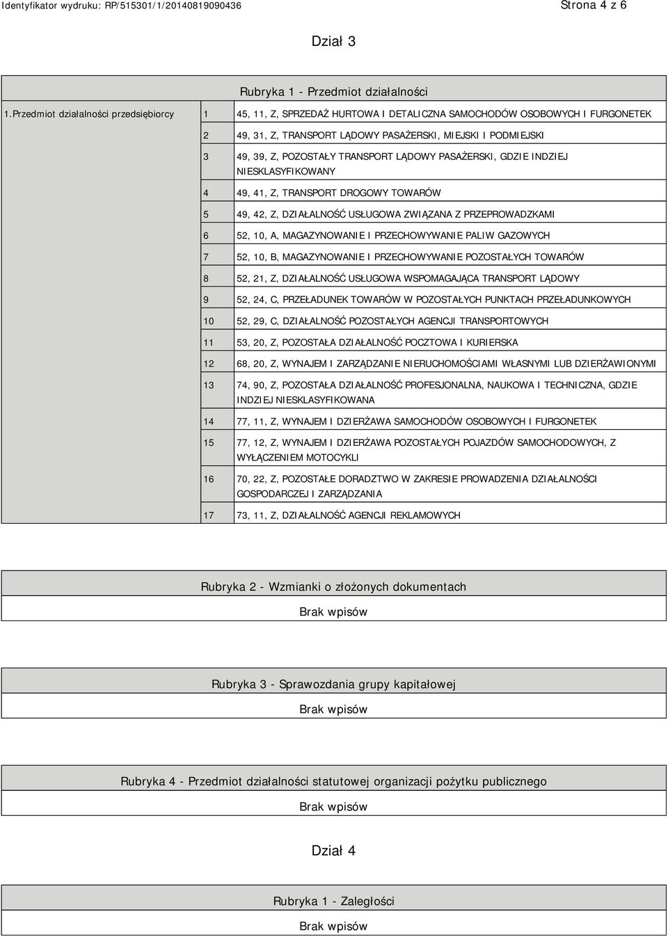 POZOSTAŁY TRANSPORT LĄDOWY PASAŻERSKI, GDZIE INDZIEJ SKLASYFIKOWANY 4 49, 41, Z, TRANSPORT DROGOWY TOWARÓW 5 49, 42, Z, DZIAŁALNOŚĆ USŁUGOWA ZWIĄZANA Z PRZEPROWADZKAMI 6 52, 10, A, MAGAZYNOWA I