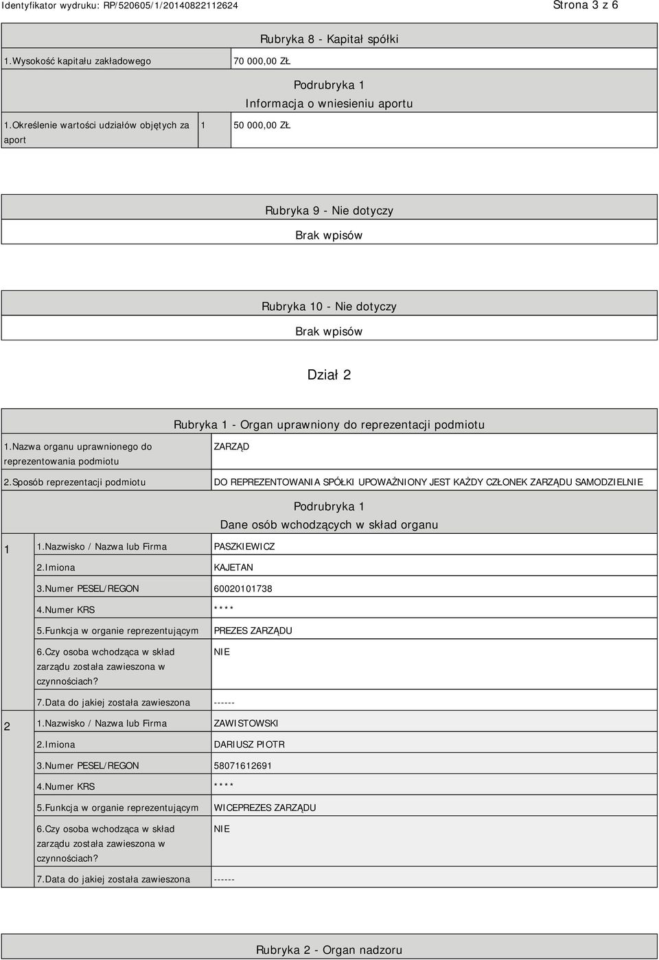 Nazwa organu uprawnionego do reprezentowania podmiotu 2.Sposób reprezentacji podmiotu ZARZĄD DO REPREZENTOWANIA SPÓŁKI UPOWAŻNIONY JEST KAŻDY CZŁONEK ZARZĄDU SAMODZIEL 1 1.