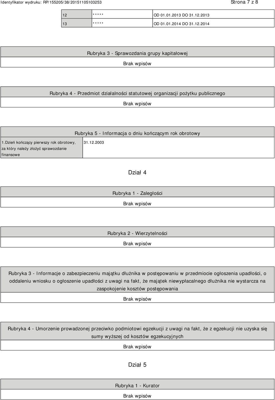 2003 Dział 4 Rubryka 1 - Zaległości Rubryka 2 - Wierzytelności Rubryka 3 - Informacje o zabezpieczeniu majątku dłużnika w postępowaniu w przedmiocie ogłoszenia upadłości, o oddaleniu wniosku o