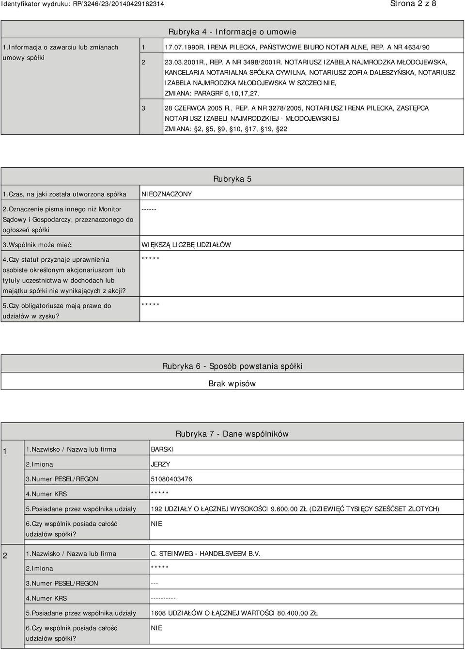 3 28 CZERWCA 2005 R., REP. A NR 3278/2005, NOTARIUSZ IRENA PILECKA, ZASTĘPCA NOTARIUSZ IZABELI NAJMRODZKIEJ - MŁODOJEWSKIEJ ZMIANA: 2, 5, 9, 10, 17, 19, 22 Rubryka 5 1.