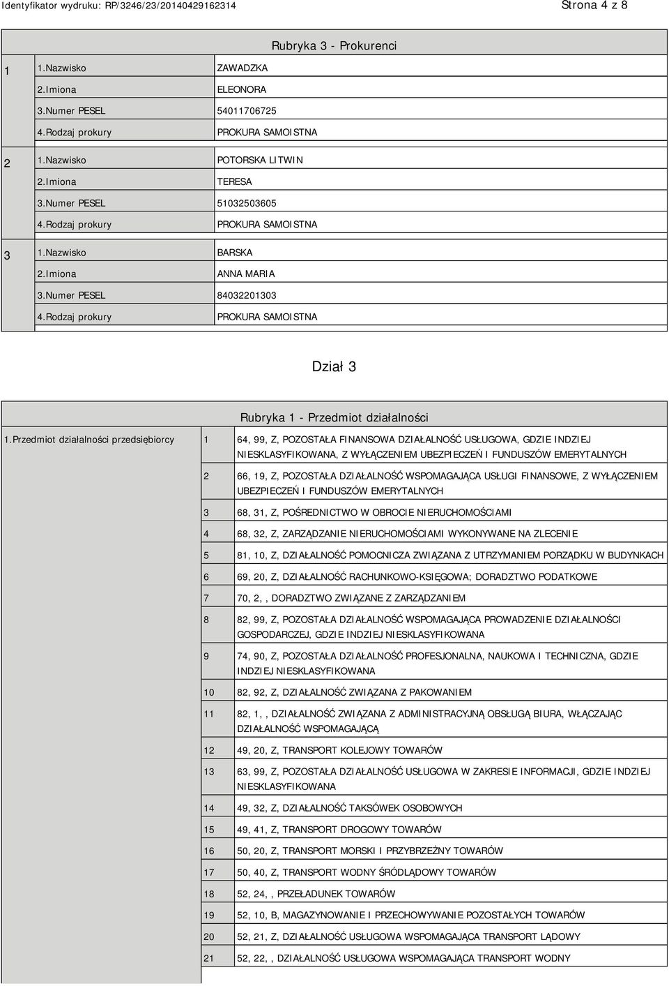 Przedmiot działalności przedsiębiorcy 1 64, 99, Z, POZOSTAŁA FINANSOWA DZIAŁALNOŚĆ USŁUGOWA, GDZIE INDZIEJ NIESKLASYFIKOWANA, Z WYŁĄCZENIEM UBEZPIECZEŃ I FUNDUSZÓW EMERYTALNYCH 2 66, 19, Z, POZOSTAŁA