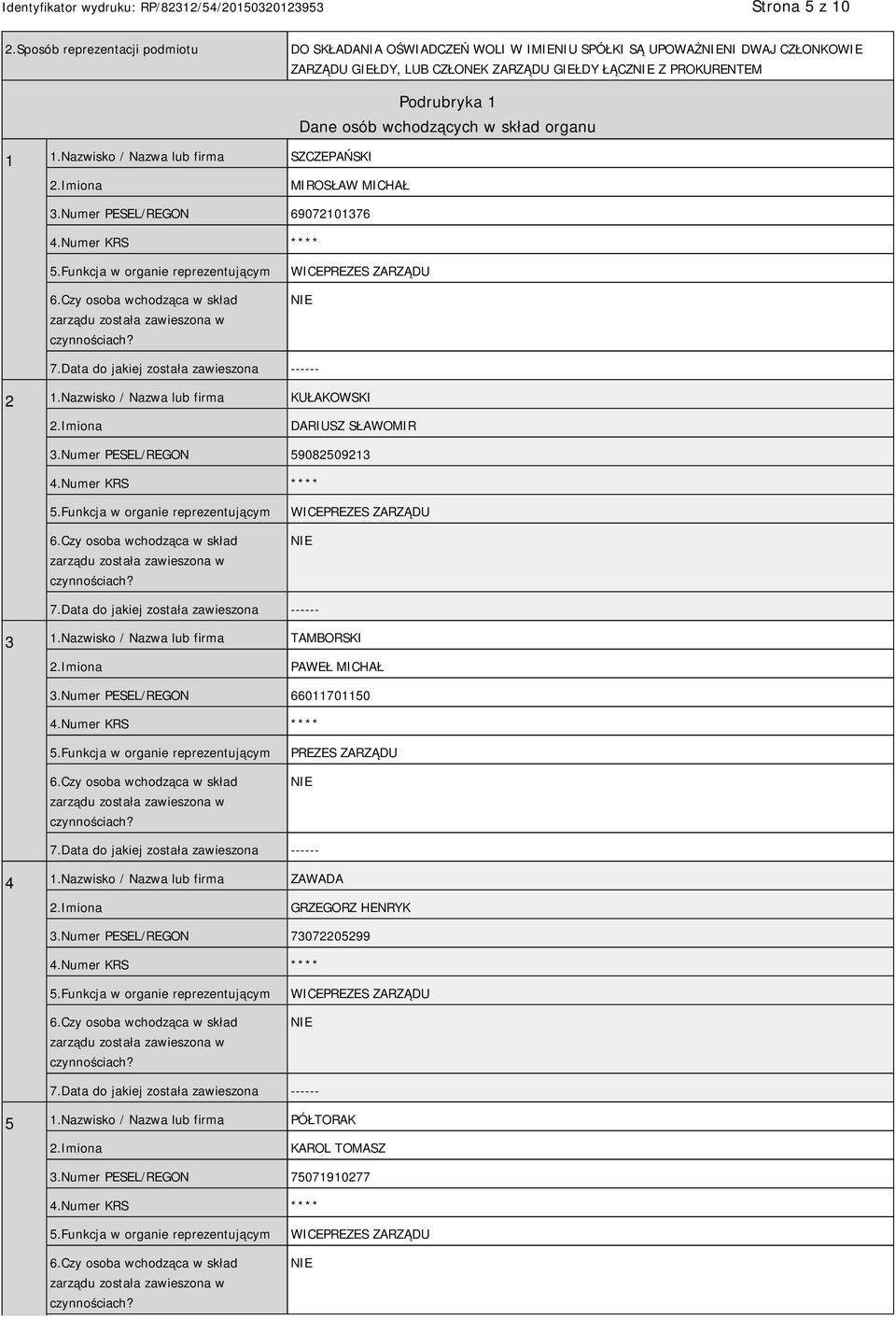 Czy osoba wchodząca w skład zarządu została zawieszona w czynnościach? WICEPREZES ZARZĄDU 7.Data do jakiej została zawieszona ------ 2 1.Nazwisko / Nazwa lub firma KUŁAKOWSKI DARIUSZ SŁAWOMIR 3.