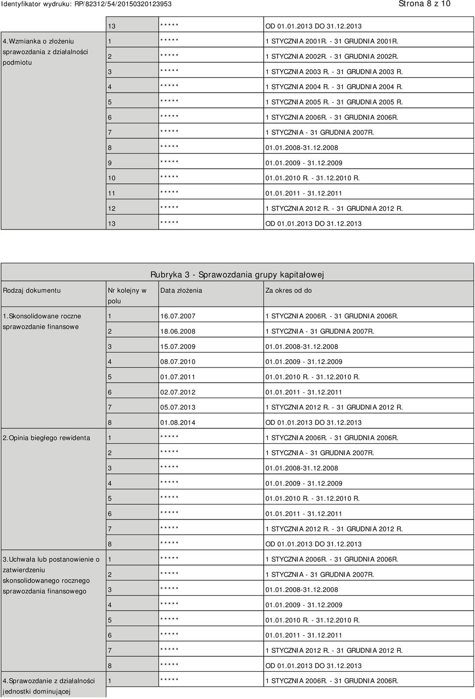 - 31 GRUDNIA 2006R. 7 ***** 1 STYCZNIA - 31 GRUDNIA 2007R. 8 ***** 01.01.2008-31.12.2008 9 ***** 01.01.2009-31.12.2009 10 ***** 01.01.2010 R. - 31.12.2010 R. 11 ***** 01.01.2011-31.12.2011 12 ***** 1 STYCZNIA 2012 R.