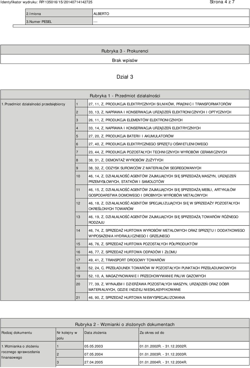 PRODUKCJA ELEMENTÓW ELEKTRONICZNYCH 4 33, 14, Z, NAPRAWA I KONSERWACJA URZĄDZEŃ ELEKTRYCZNYCH 5 27, 20, Z, PRODUKCJA BATERII I AKUMULATORÓW 6 27, 40, Z, PRODUKCJA ELEKTRYCZNEGO SPRZĘTU