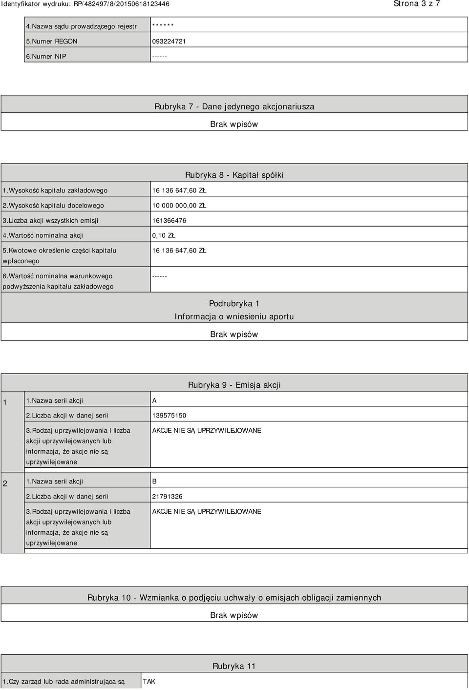 Wartość nominalna warunkowego podwyższenia kapitału zakładowego 0,10 ZŁ 16 136 647,60 ZŁ ------ Informacja o wniesieniu aportu Rubryka 9 - Emisja akcji 1 1.Nazwa serii akcji A 2.