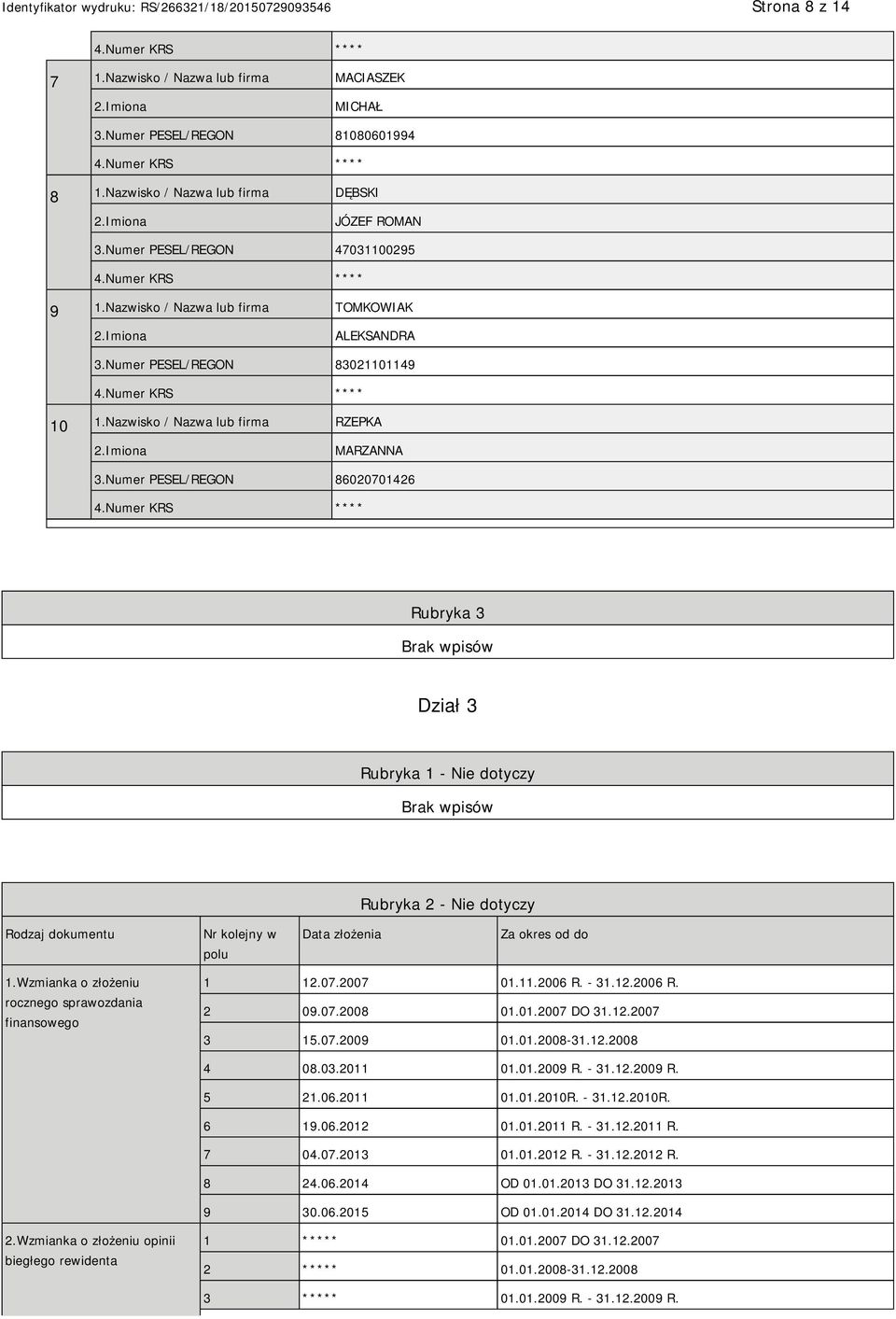 Numer PESEL/REGON 86020701426 Rubryka 3 Dział 3 Rubryka 1 - Nie dotyczy Rubryka 2 - Nie dotyczy Rodzaj dokumentu Nr kolejny w polu Data złożenia Za okres od do 1.