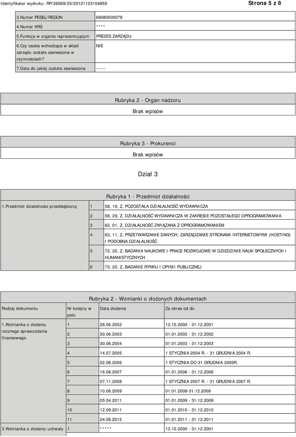 Przedmiot działalności przedsiębiorcy 1 58, 19, Z, POZOSTAŁA DZIAŁALNOŚĆ WYDAWNICZA 2 58, 29, Z, DZIAŁALNOŚĆ WYDAWNICZA W ZAKRESIE POZOSTAŁEGO OPROGRAMOWANIA 3 62, 01, Z, DZIAŁALNOŚĆ ZWIĄZANA Z