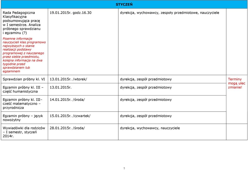 kolejna informacja na dwa tygodnie przed sprawdzianem lub egzaminem Sprawdzian próbny kl. VI 13.01.2015r. /wtorek/ dyrekcja, zespół przedmiotowy Egzamin próbny kl. III część humanistyczna 13.01.2015r. dyrekcja, zespół przedmiotowy Terminy mogą ulec zmianie!