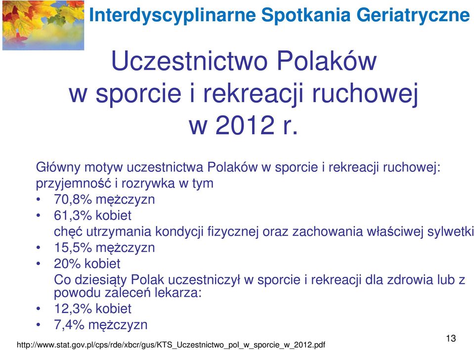 kobiet chęć utrzymania kondycji fizycznej oraz zachowania właściwej sylwetki 15,5% mężczyzn 20% kobiet Co dziesiąty Polak