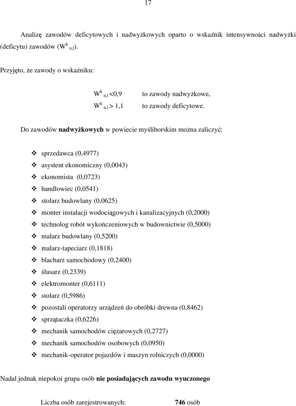 Do zawodów nadwyżkowych w powiecie myśliborskim można zaliczyć: sprzedawca (0,4977) asystent ekonomiczny (0,0043) ekonomista (0,0723) handlowiec (0,0541) stolarz budowlany (0,0625) monter instalacji