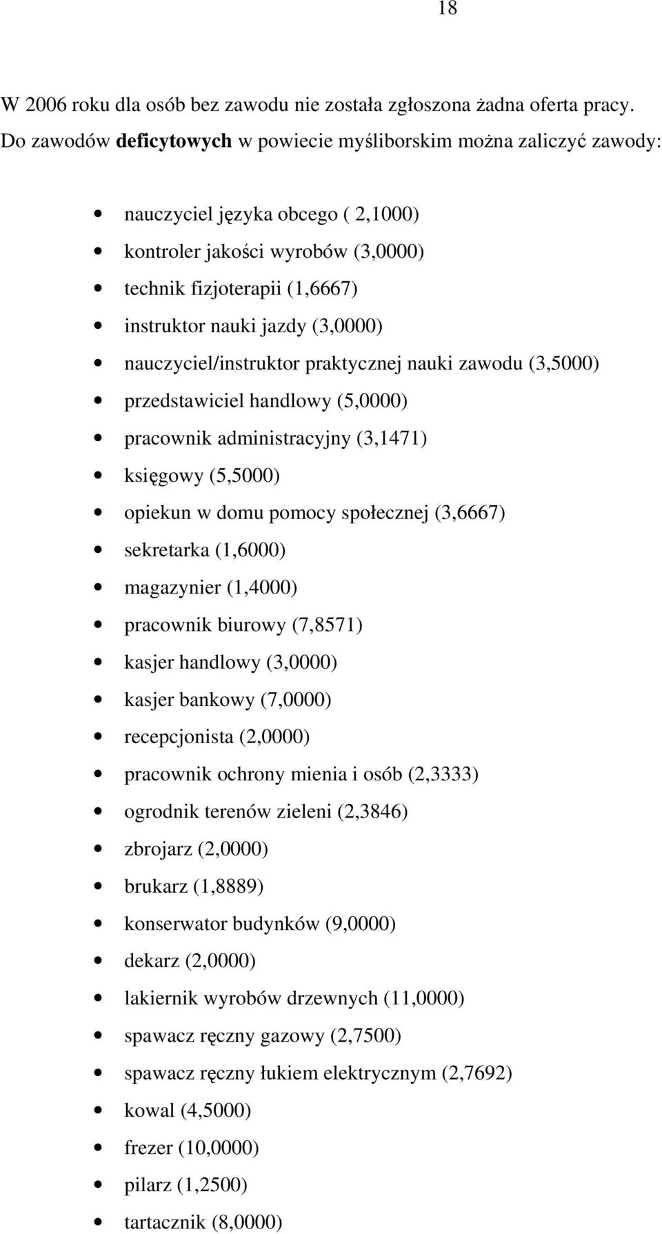 (3,0000) nauczyciel/instruktor praktycznej nauki zawodu (3,5000) przedstawiciel handlowy (5,0000) pracownik administracyjny (3,1471) księgowy (5,5000) opiekun w domu pomocy społecznej (3,6667)