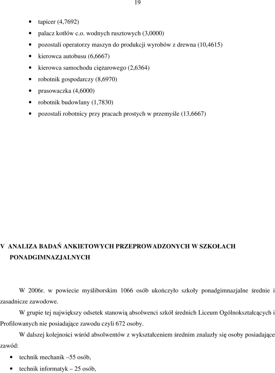 wodnych rusztowych (3,0000) pozostali operatorzy maszyn do produkcji wyrobów z drewna (10,4615) kierowca autobusu (6,6667) kierowca samochodu ciężarowego (2,6364) robotnik gospodarczy (8,6970)