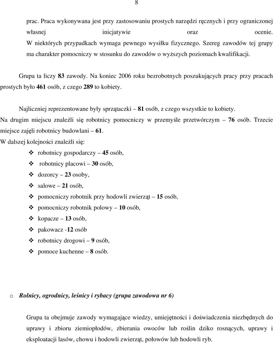 Na koniec 2006 roku bezrobotnych poszukujących pracy przy pracach prostych było 461 osób, z czego 289 to kobiety. Najliczniej reprezentowane były sprzątaczki 81 osób, z czego wszystkie to kobiety.